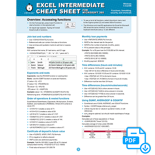 Excel INTERMEDIATE Cheat Sheet for Microsoft 365