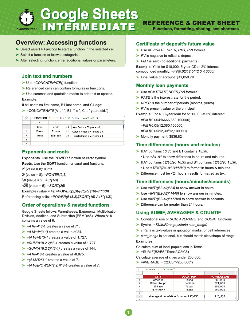 Google Sheets INTERMEDIATE Cheat Sheet