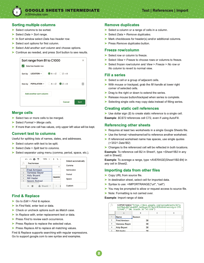 Google Sheets INTERMEDIATE Cheat Sheet