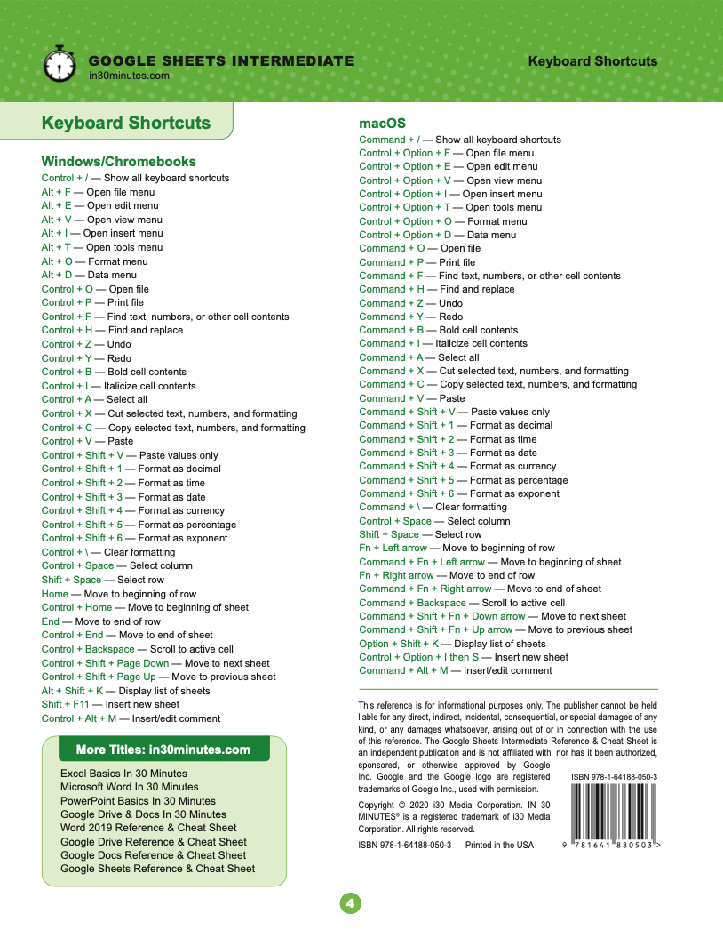 Google Sheets INTERMEDIATE Cheat Sheet