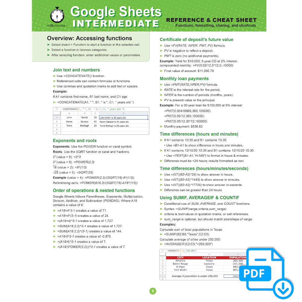 Google Sheets INTERMEDIATE Cheat Sheet