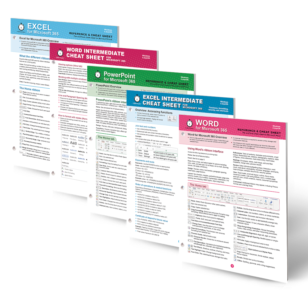 Microsoft Office Cheat Sheet 5-Pack (Windows/macOS)