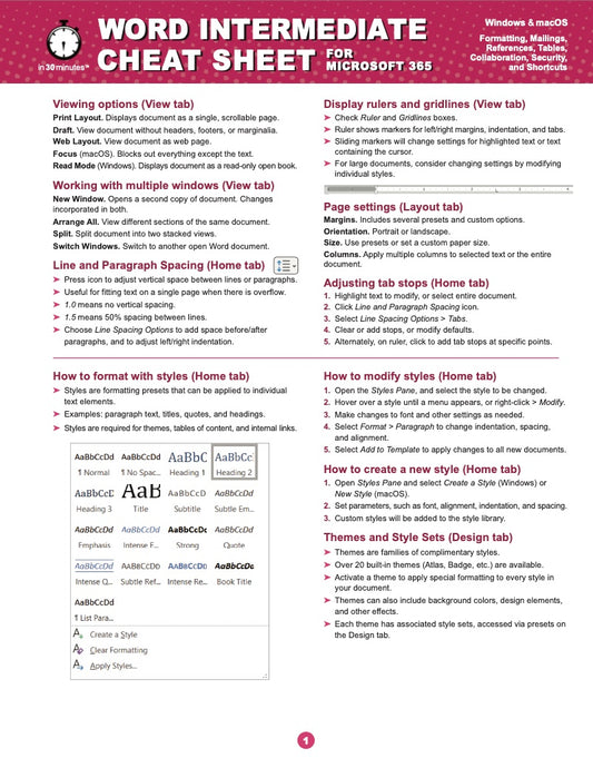 Word INTERMEDIATE Cheat Sheet for Microsoft 365