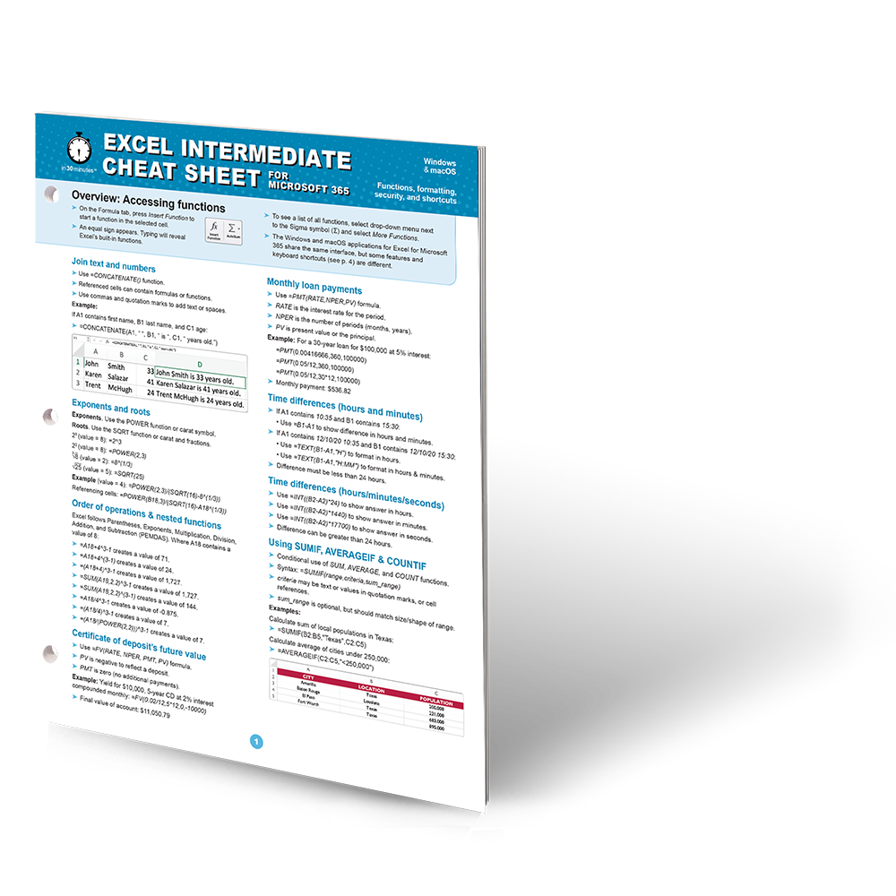 Excel INTERMEDIATE Cheat Sheet for Microsoft 365