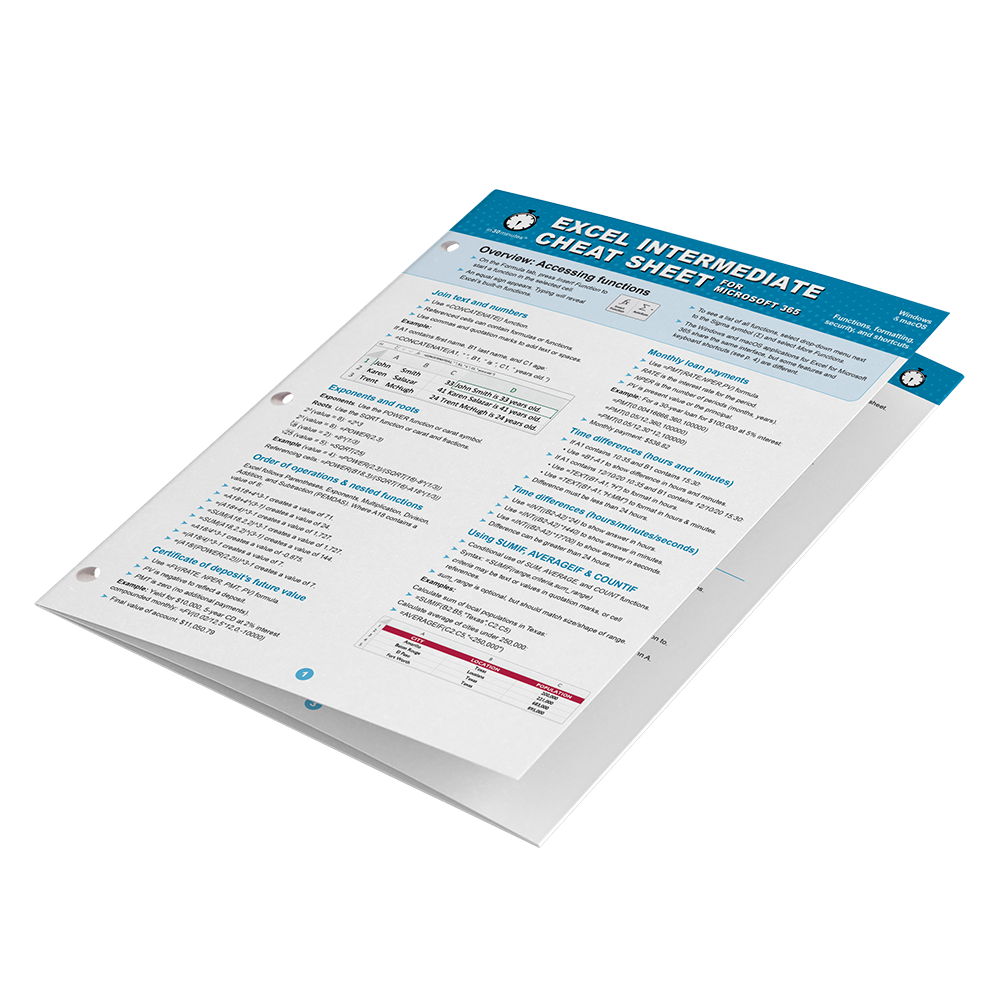 Excel INTERMEDIATE Cheat Sheet for Microsoft 365