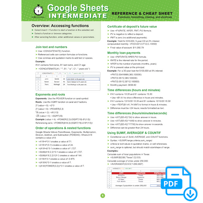 Google Sheets INTERMEDIATE Cheat Sheet
