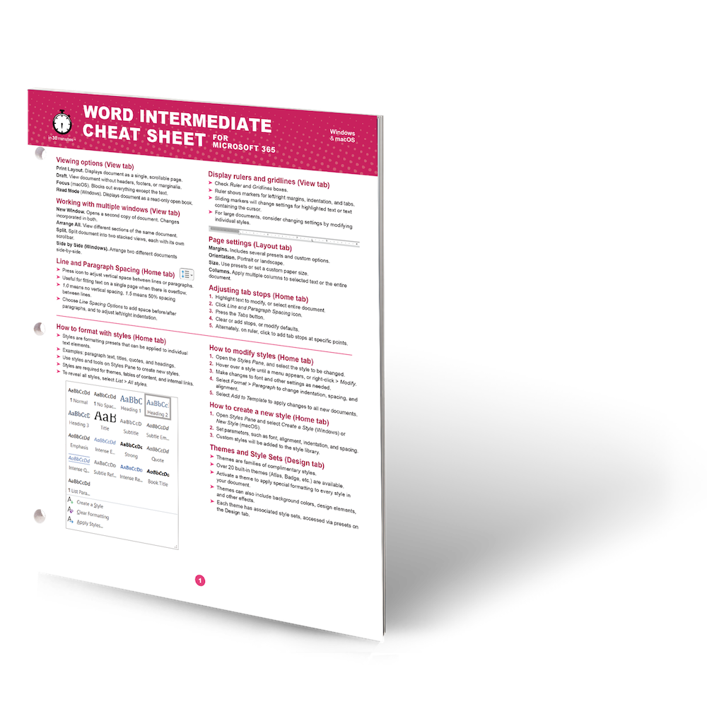 Word INTERMEDIATE Cheat Sheet for Microsoft 365