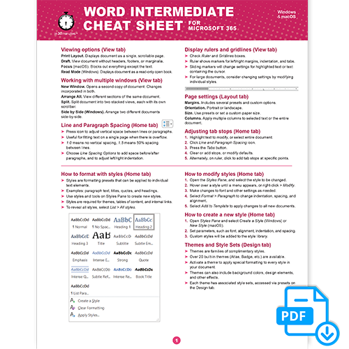 Word INTERMEDIATE Cheat Sheet for Microsoft 365