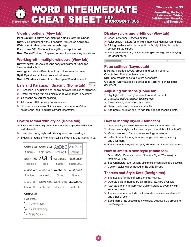 Word INTERMEDIATE Cheat Sheet for Microsoft 365