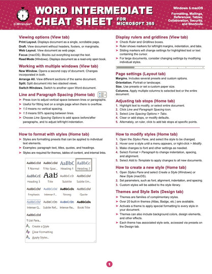 Word INTERMEDIATE Cheat Sheet for Microsoft 365