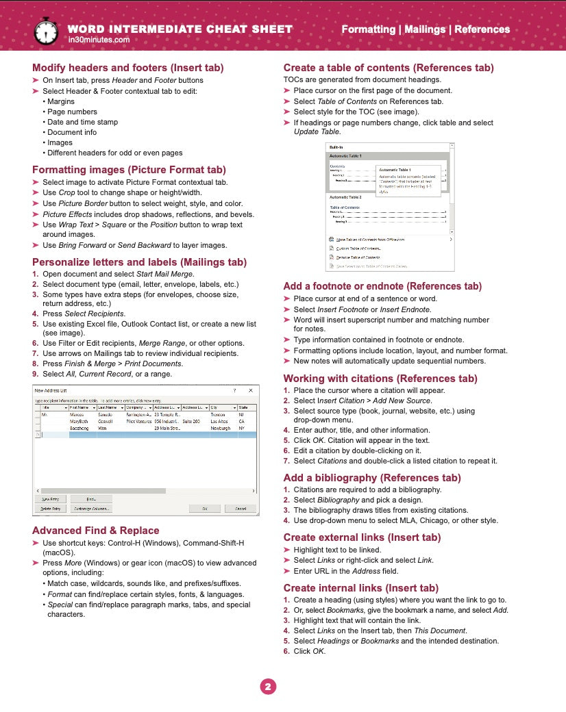 Word INTERMEDIATE Cheat Sheet for Microsoft 365