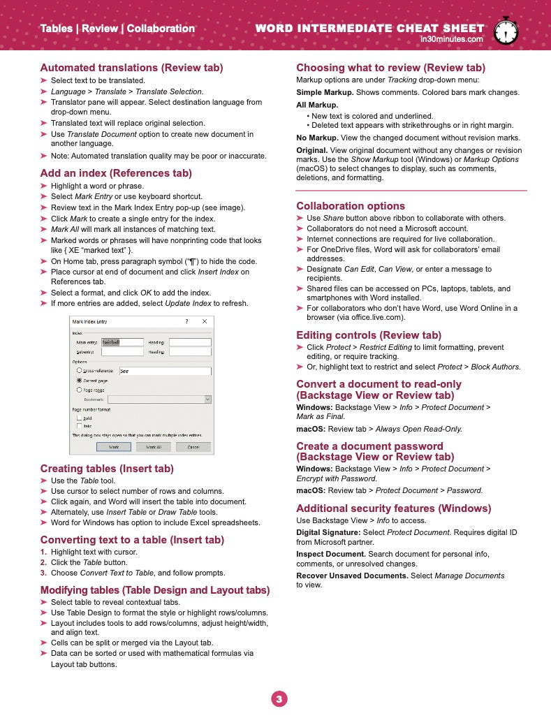 Word INTERMEDIATE Cheat Sheet for Microsoft 365