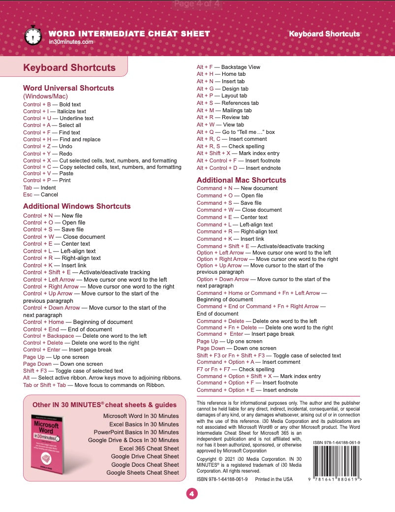 Word INTERMEDIATE Cheat Sheet for Microsoft 365